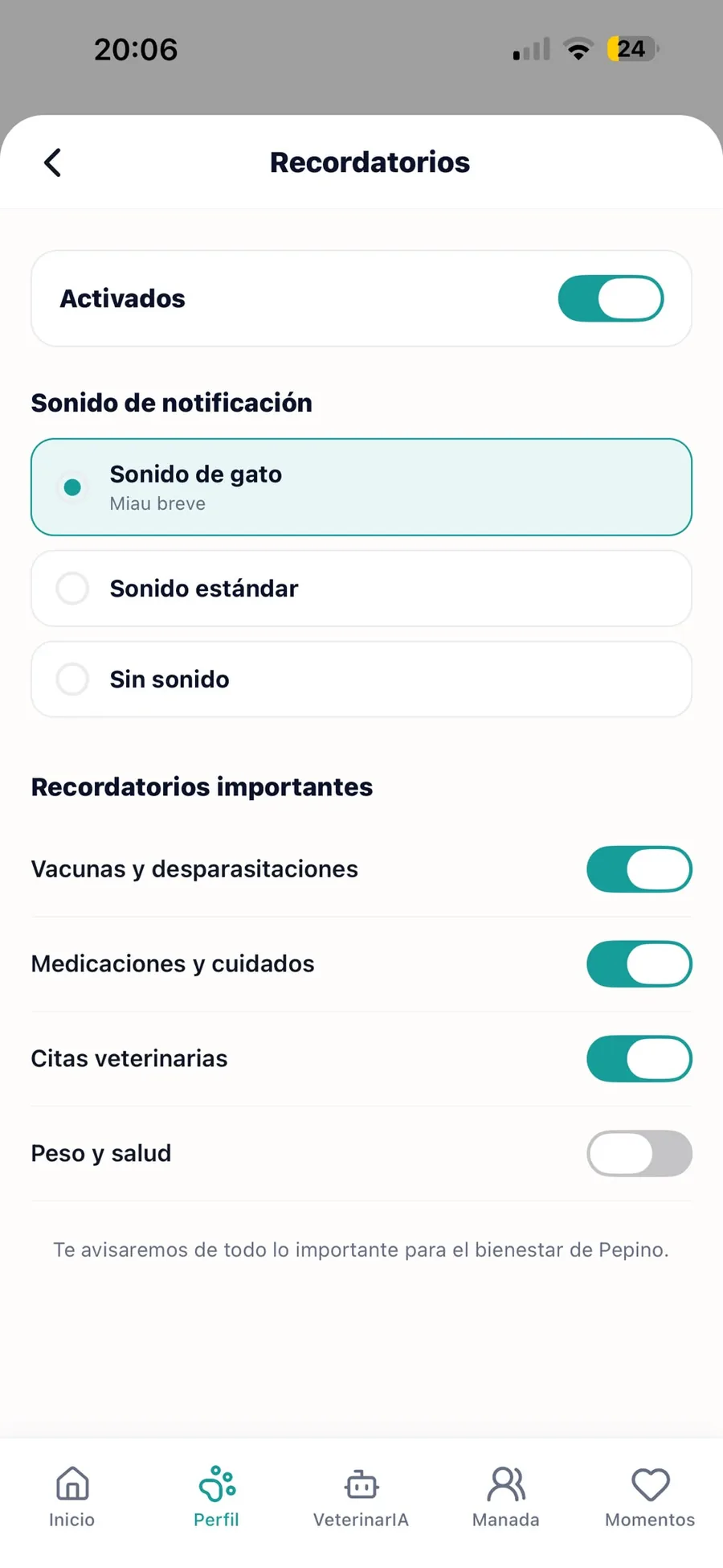 Pantalla de configuración de recordatorios de vacunas, medicaciones y citas